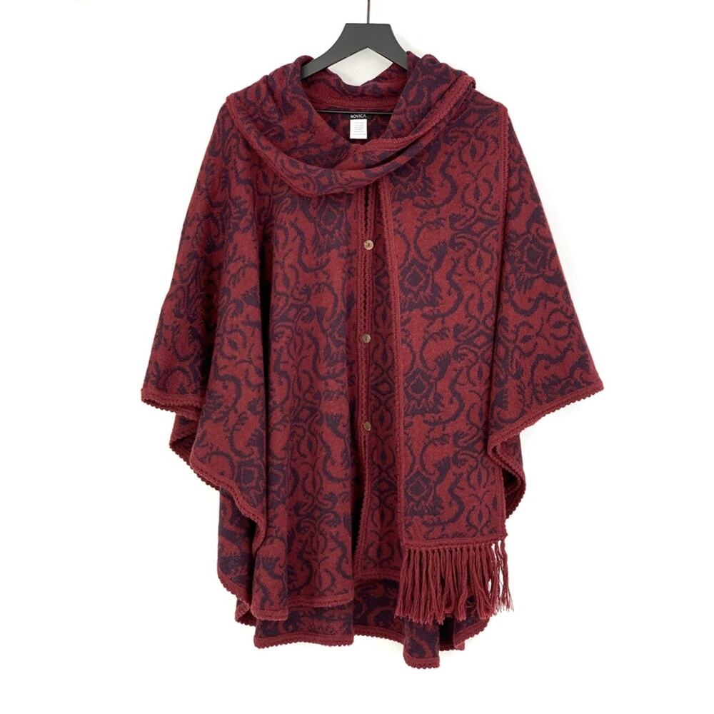 NOVICA Peruvian Ruana Alpaca Blend Knit Poncho Burgundy Purple OS